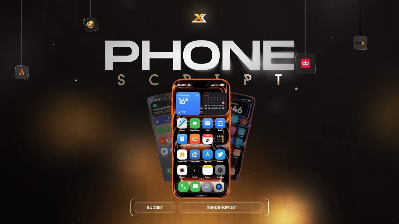 Xeno FiveM Phone promo video thumbnail: a phone home screen with the title “Phone script”